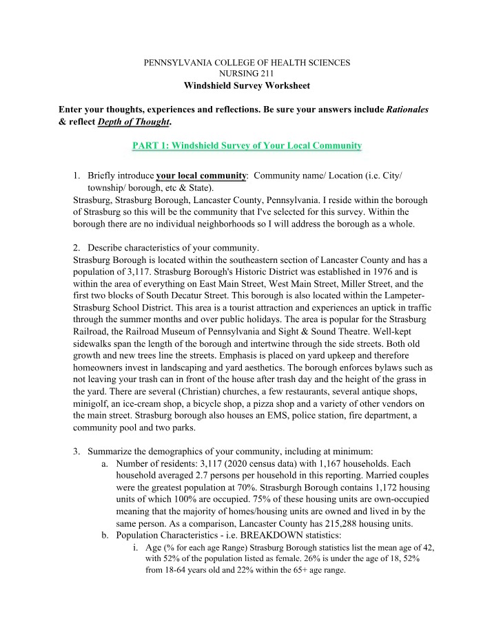 Worksheet for Windshield Survey