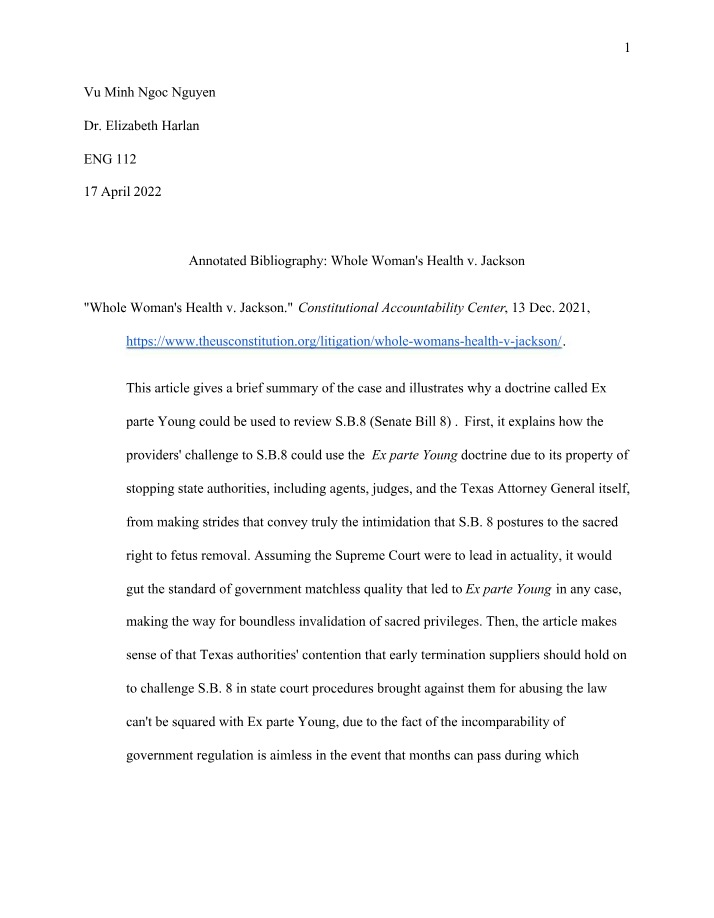 Whole Woman's Health v. Jackson - Annotated Bibliography