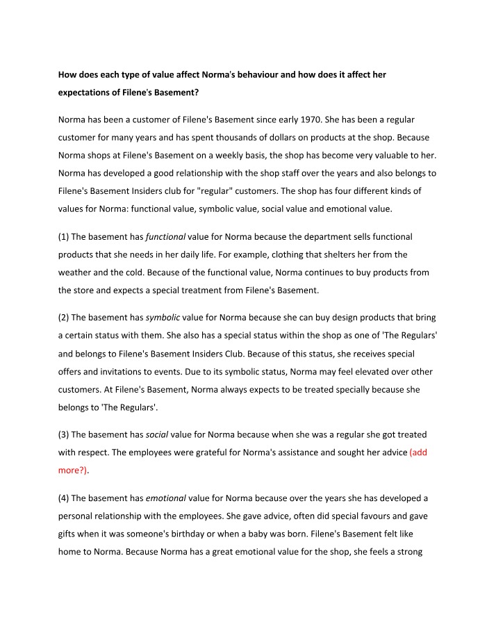 Norma's Behavior at Filene's Basement - Impact of Different Values