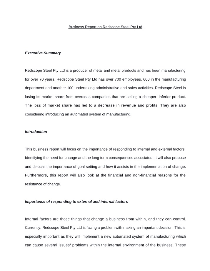 Redscope Steel Pty Ltd Business Report