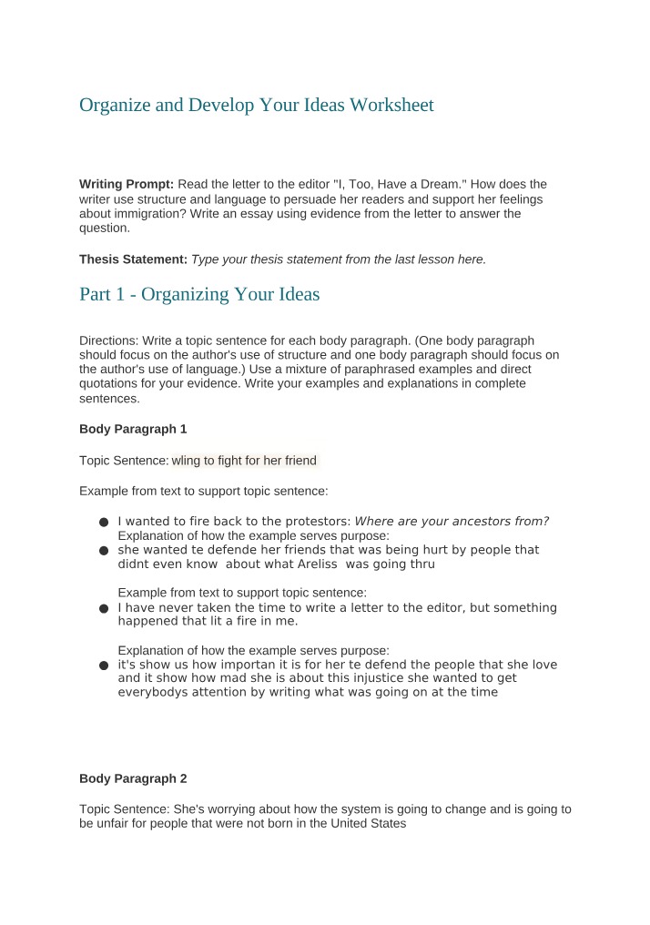 Worksheet - Organize and Develop Your Ideas