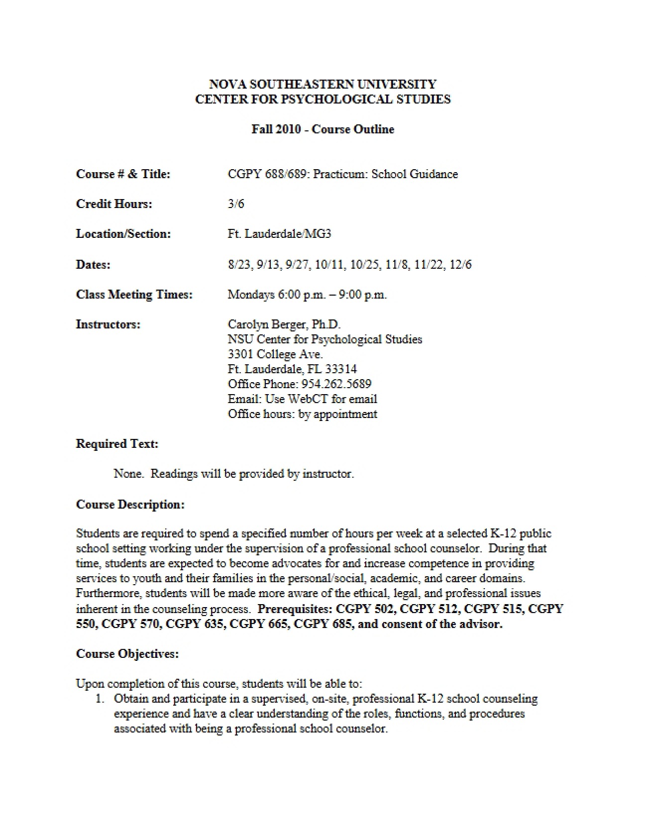 Outline for School Guidance Practicum II