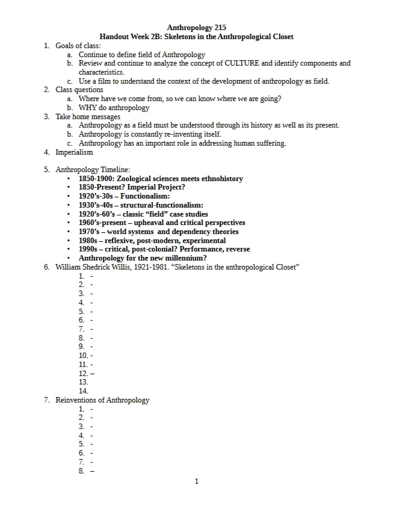 Skeletons in the Anthropology Closet Week 2B Outline