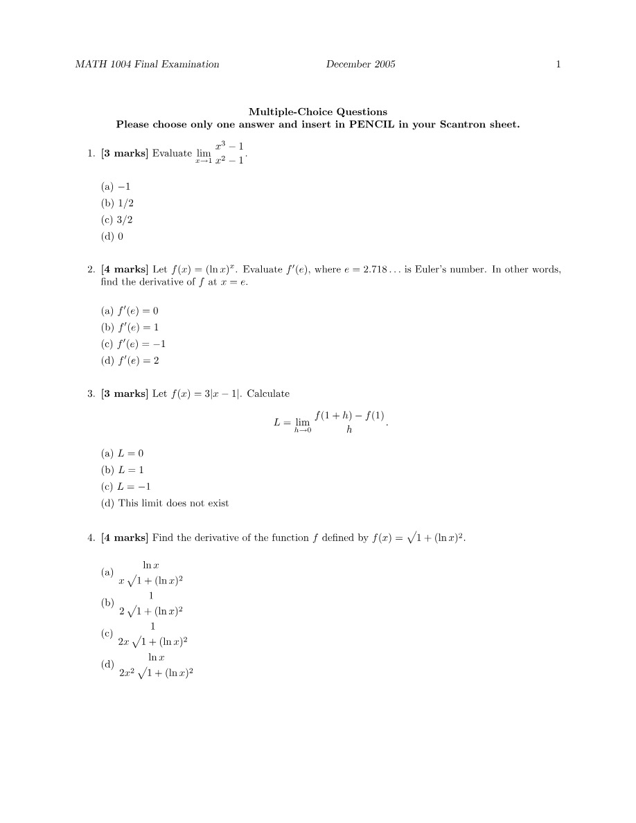 December 2005 Final Examination - MATH 1004