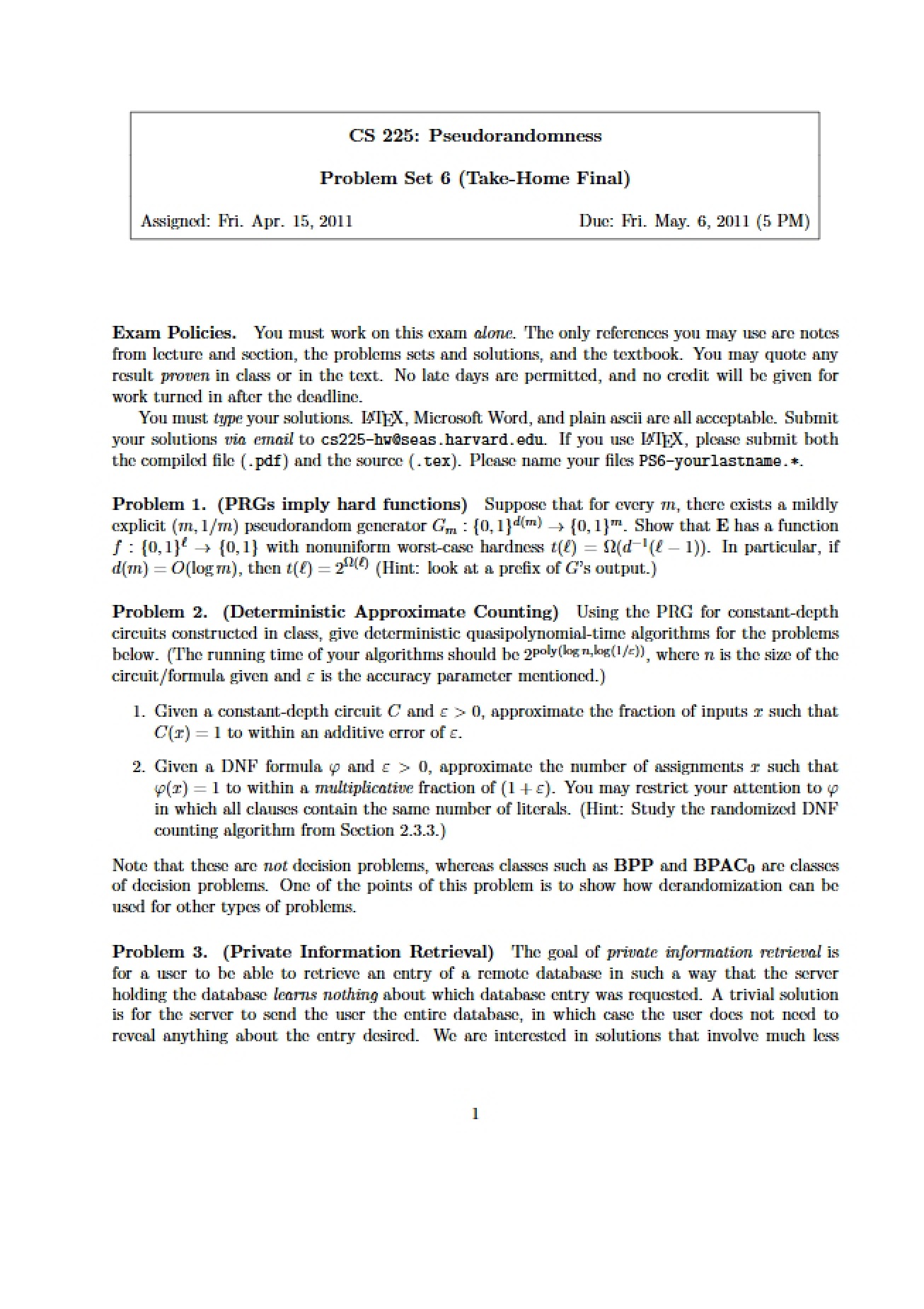 Sixth Problem Set for Pseudorandomness - 2 Pages