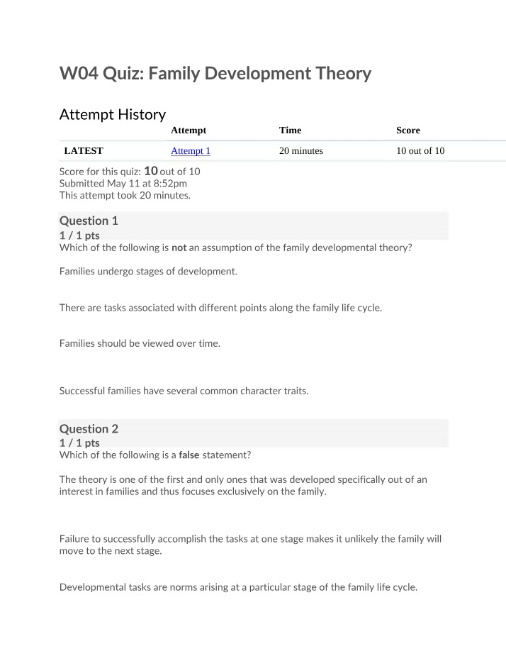 Family Development Theory Quiz - Week 04