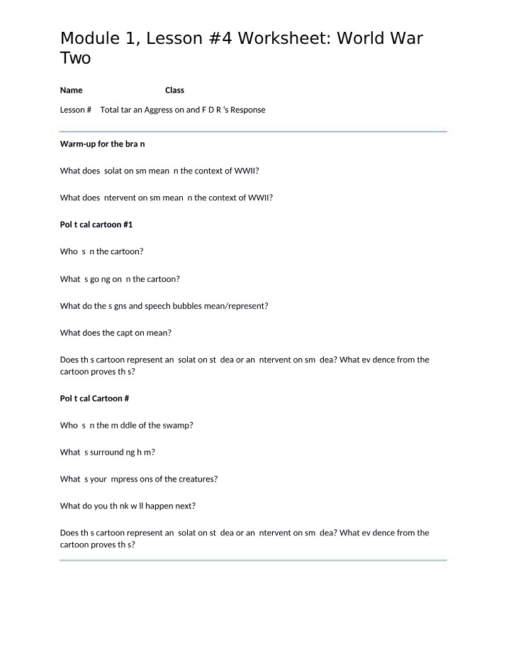 World War Two - Module 1, Lesson 4 Worksheet