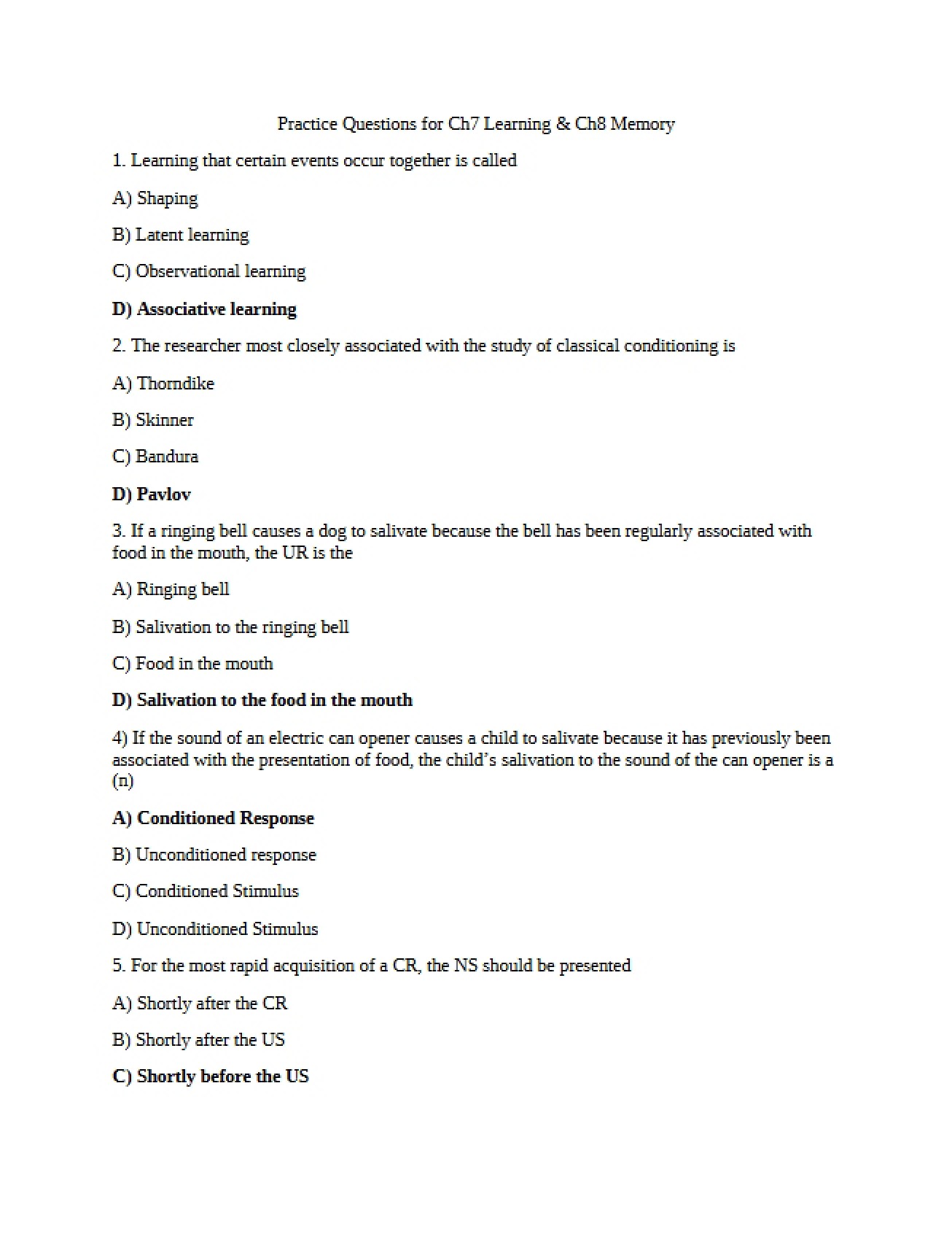 Learning and Memory Practice Questions (Chapters 7 & 8)