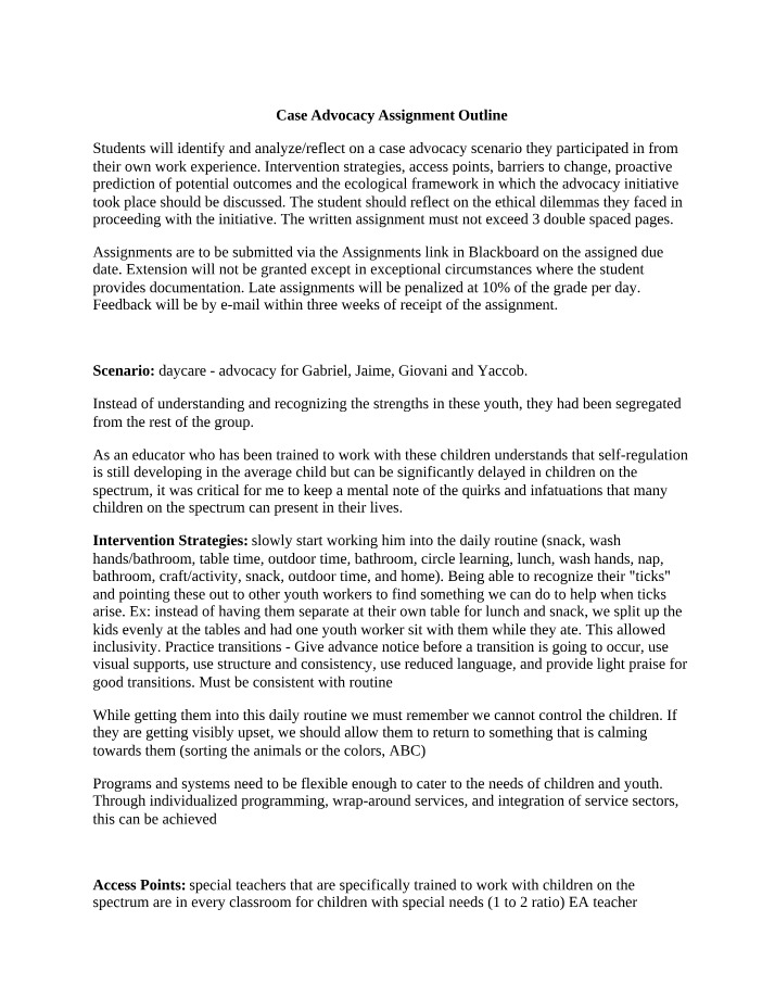 Outline for Case Advocacy Assignment