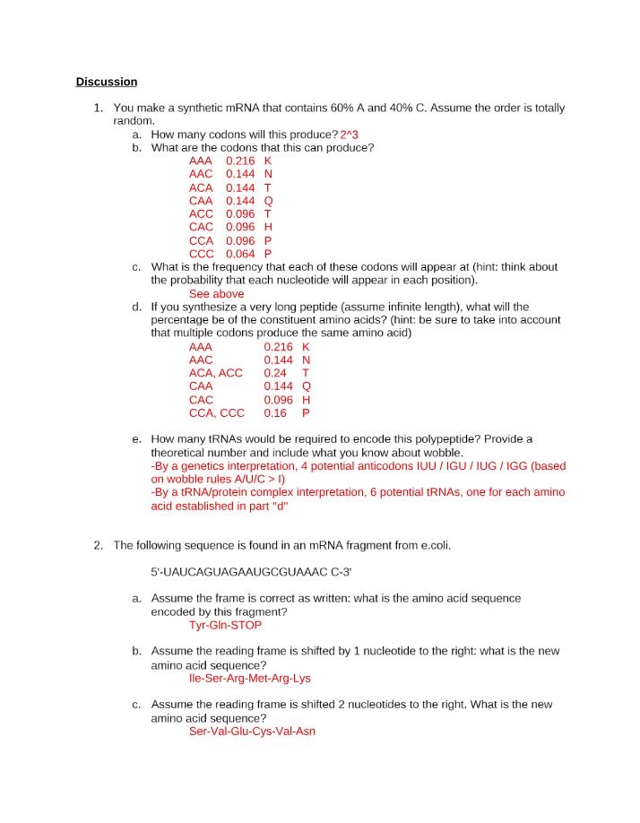 mRNA Codons and Amino Acid Sequences