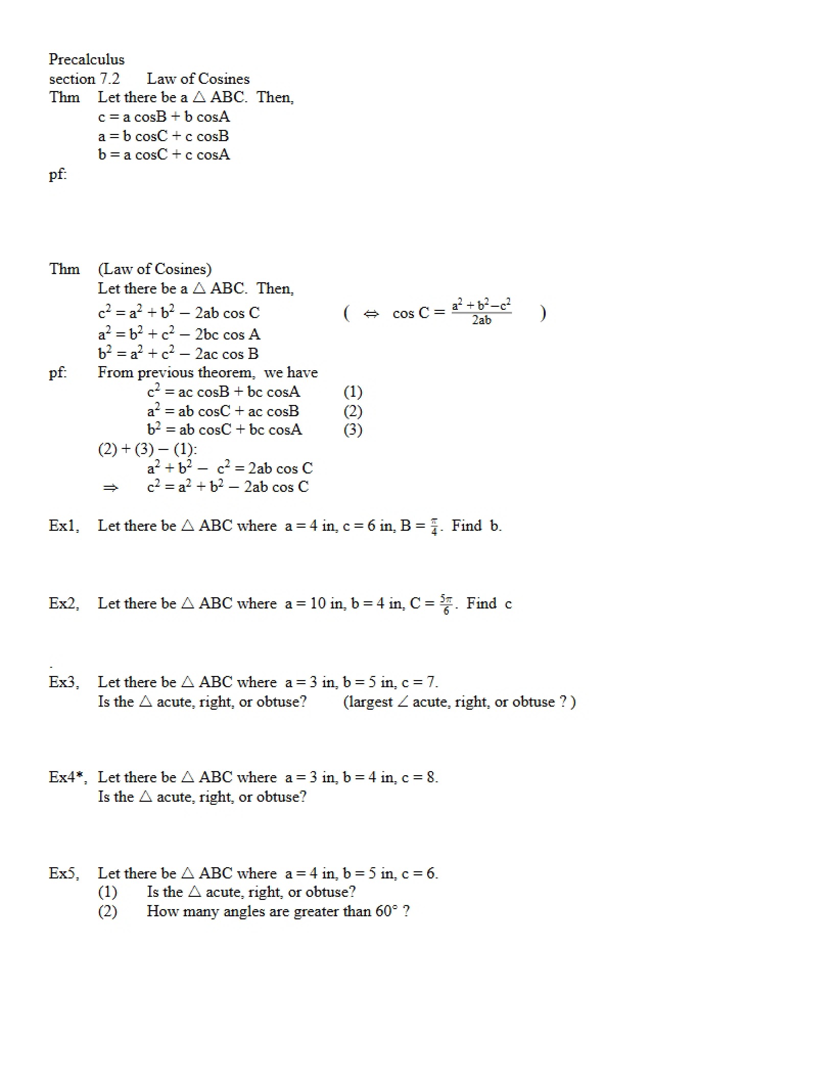 Cosine Law Section 7.2
