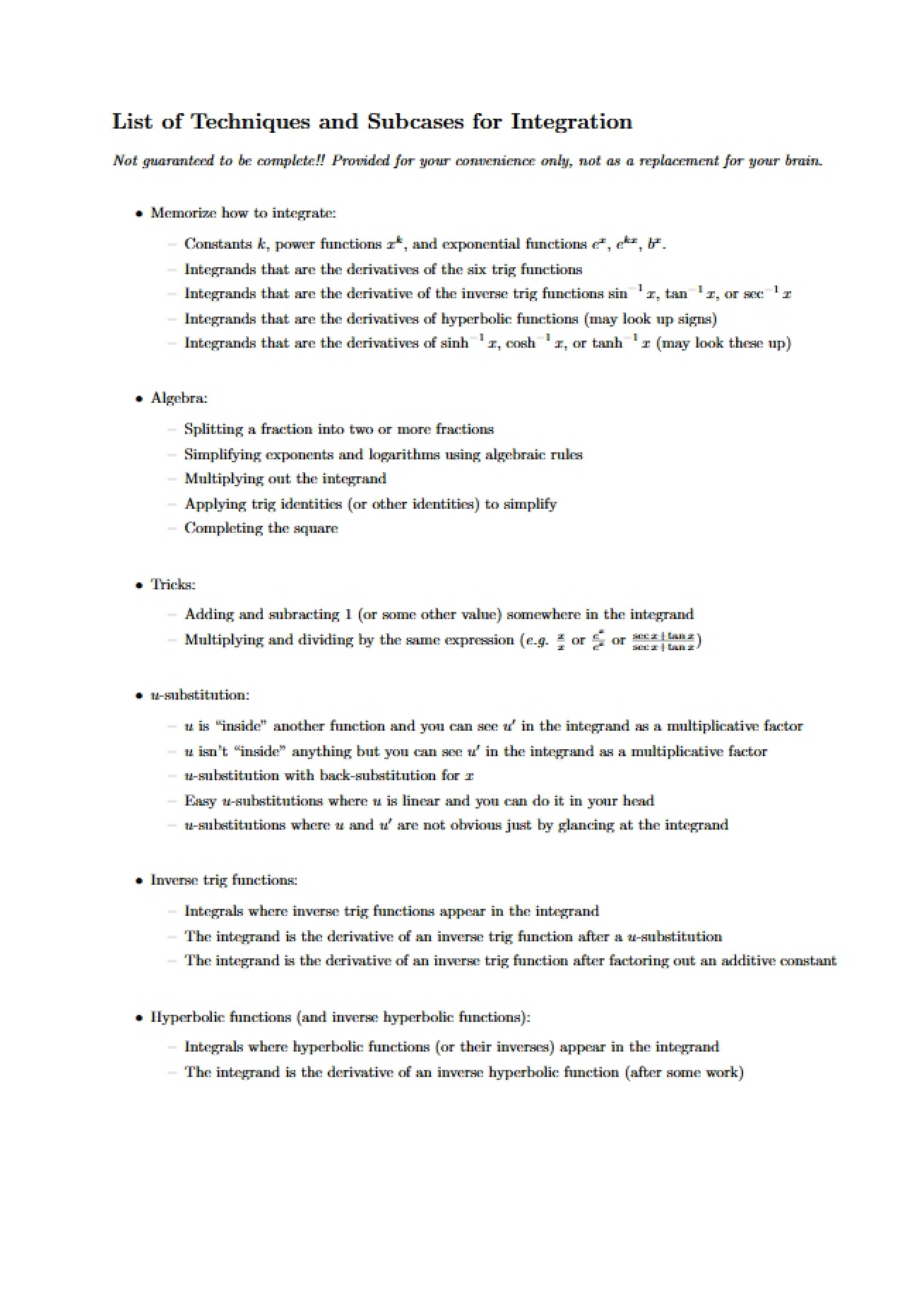 List of Techniques and Subcases for the Process of Integration