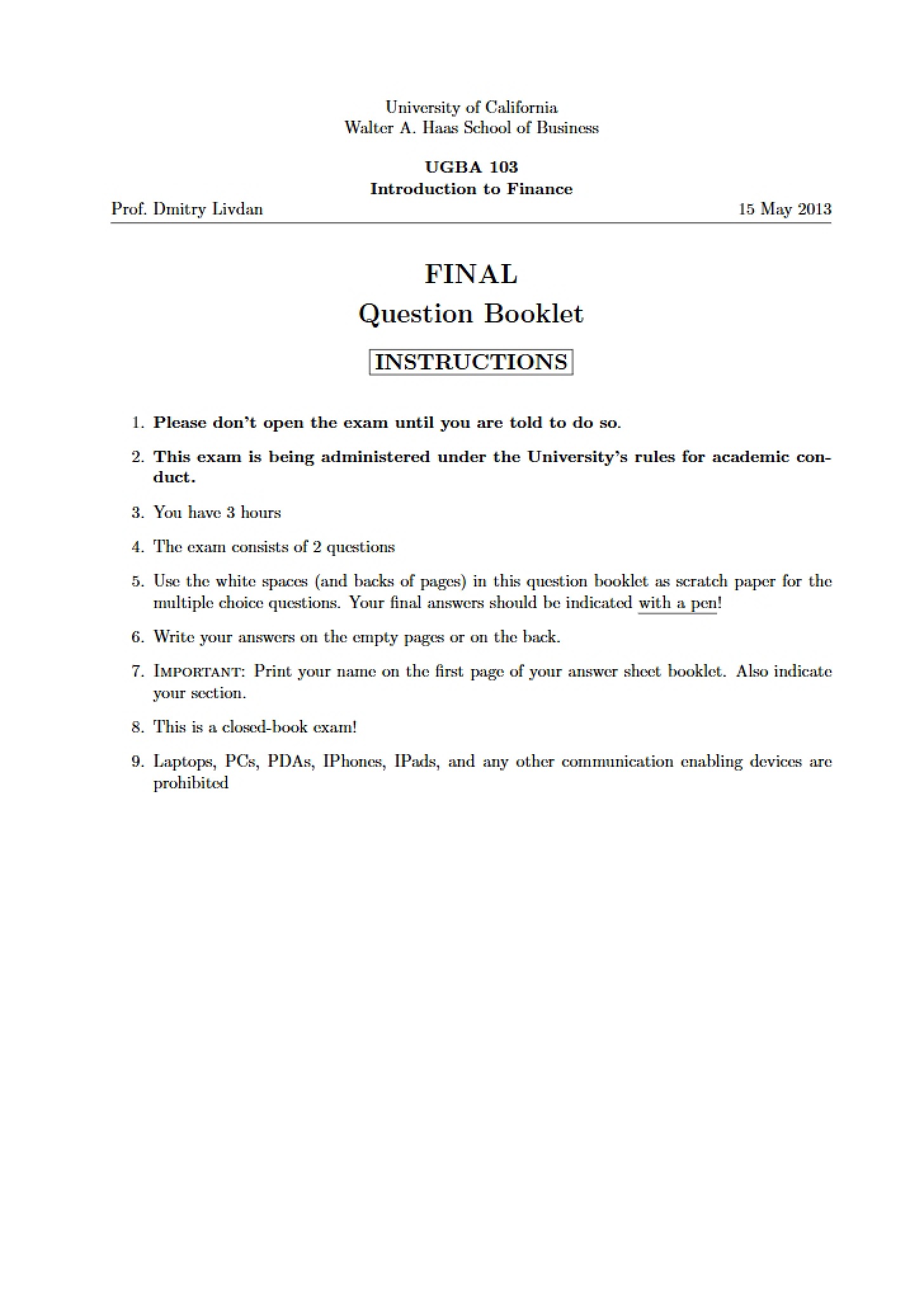 Question Booklet for Final - 9 Pages