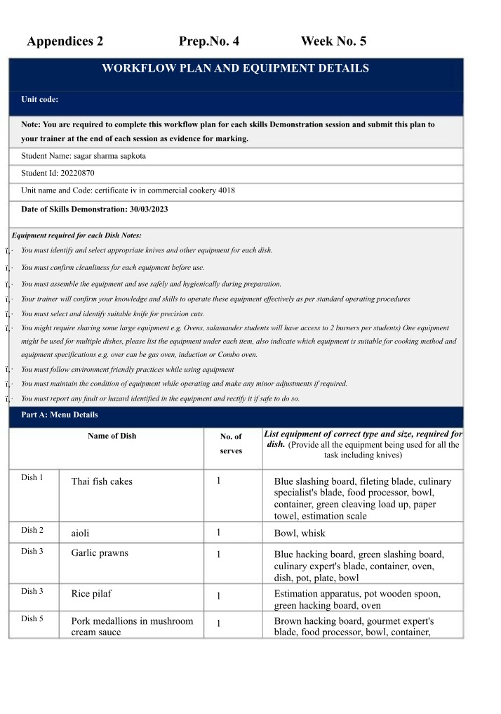 Equipment Details and Workflow Plan