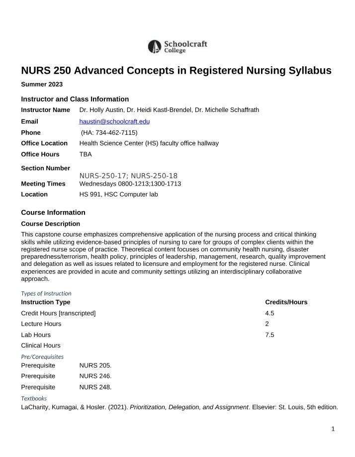 NURS 250 Syllabus - Advanced Concepts in Registered Nursing