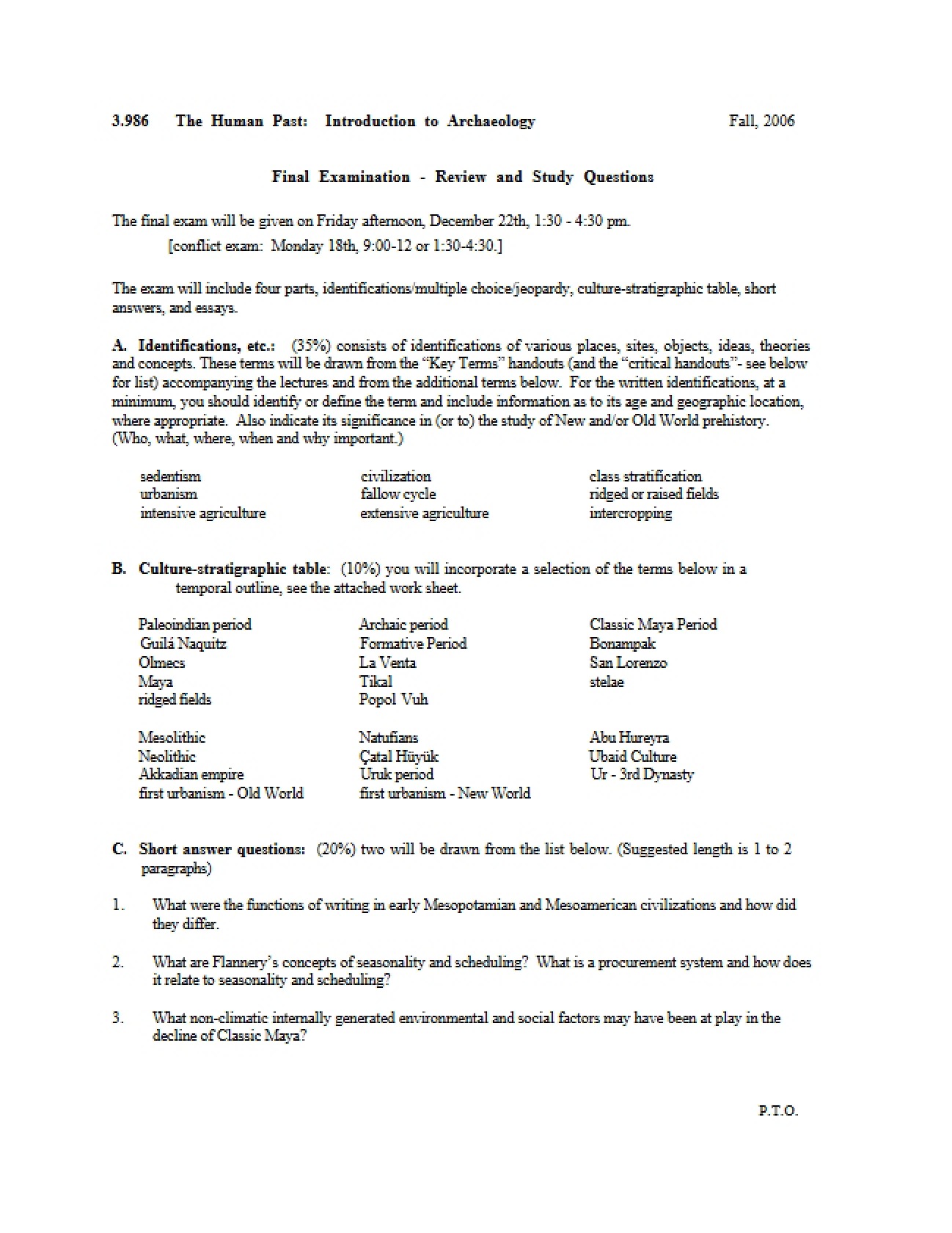 Study Questions and Review for Final Exam