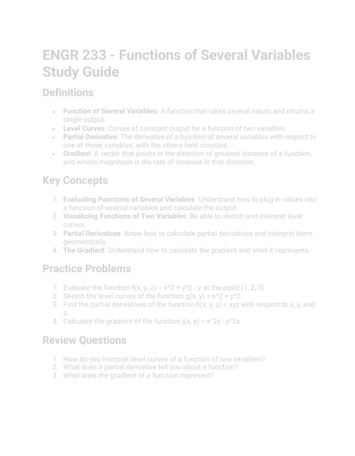 Study Guide for Functions of Several Variables - ENGR 233