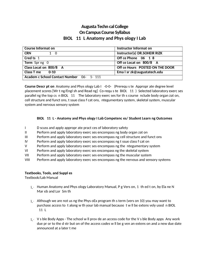 BIOL 2113L Anatomy and Physiology I Lab Syllabus