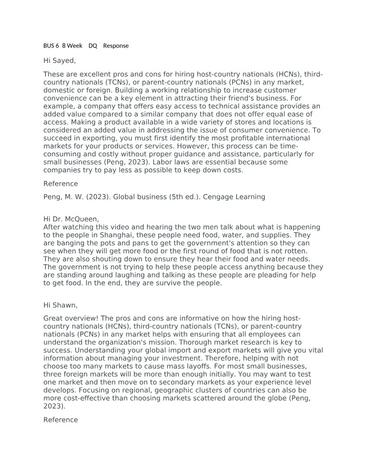 Response to BUS 638 Week 5 DQ 2