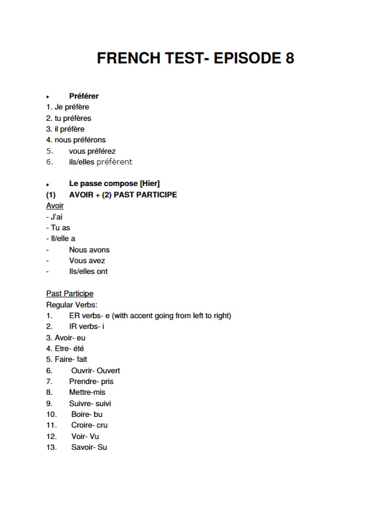 French Test Review for Episode Eight