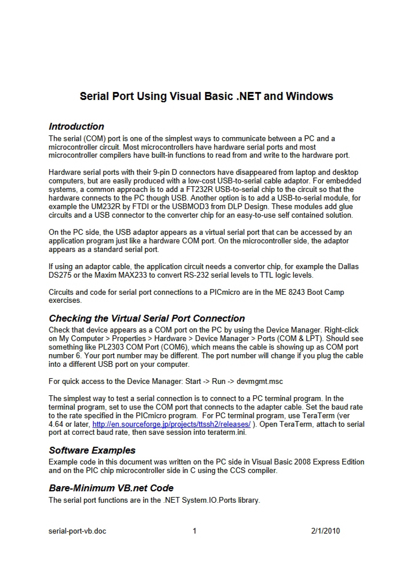 Visual Basic .NET and Windows Serial Port