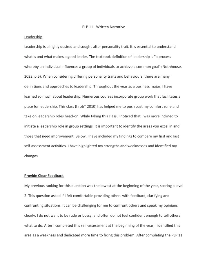 Written Narrative for PLP 11