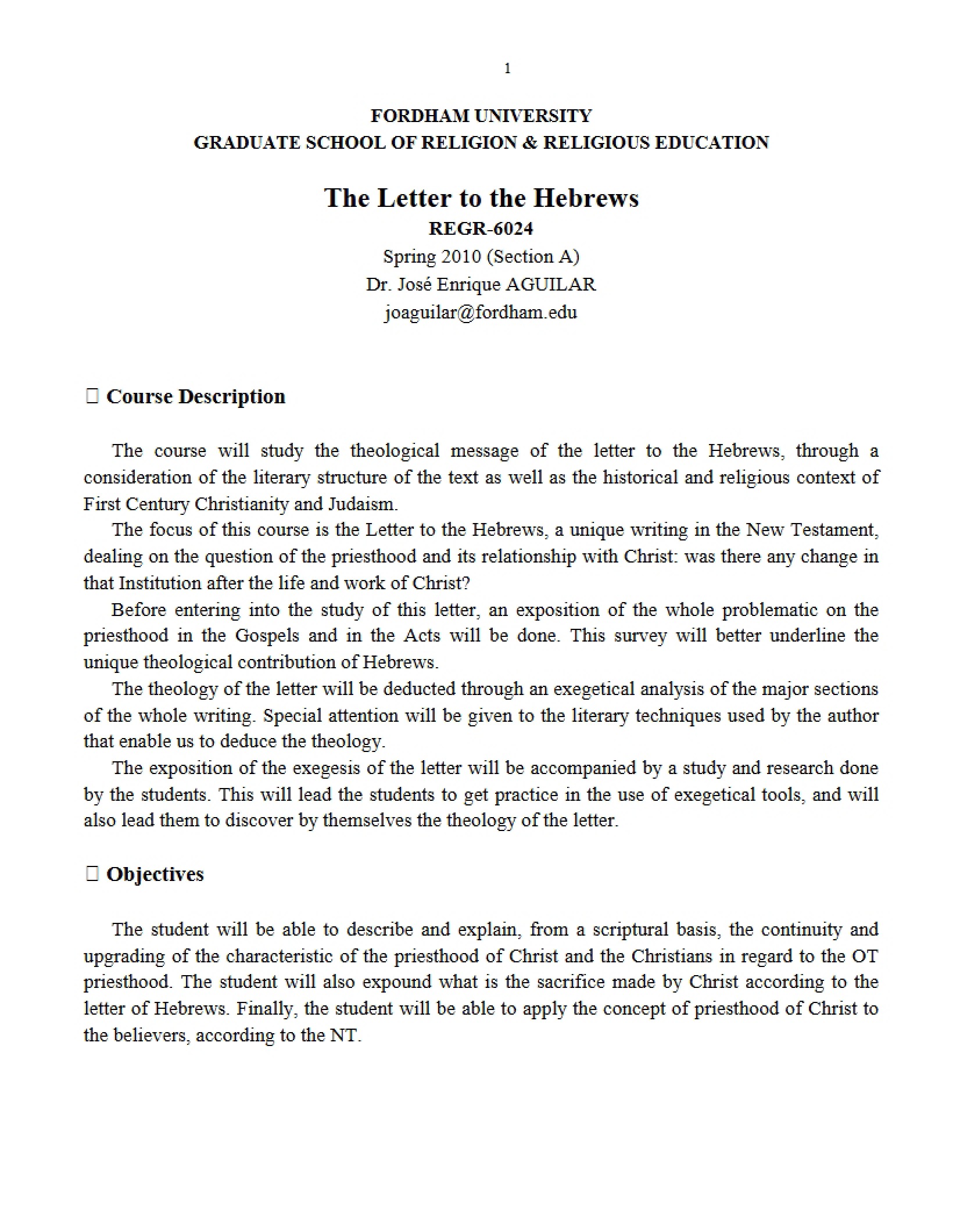 Letter to the Hebrews Course Info