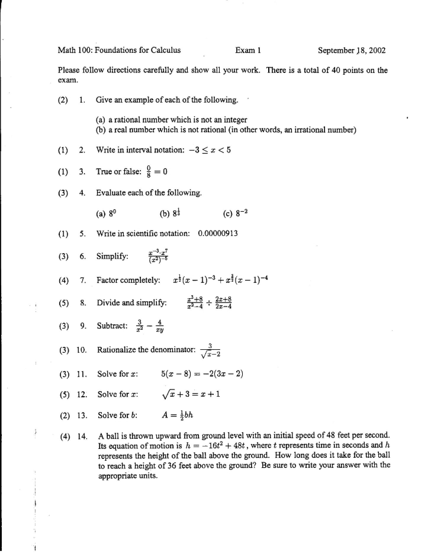 Fall 2002 Exam One Solutions