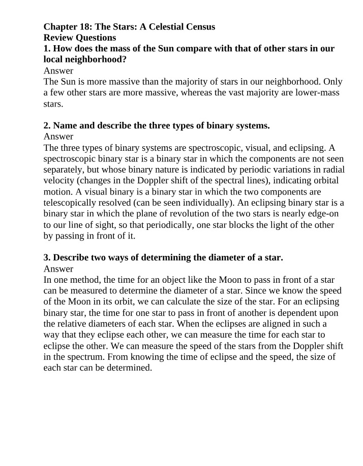 Review Questions for Chapter 18 - The Stars - A Celestial Census