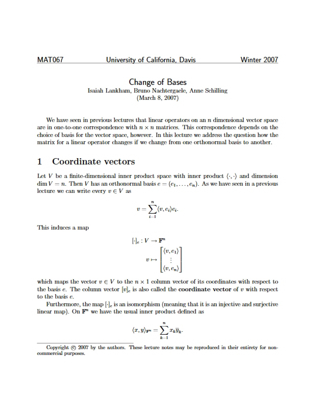 Vectors of Coordinates