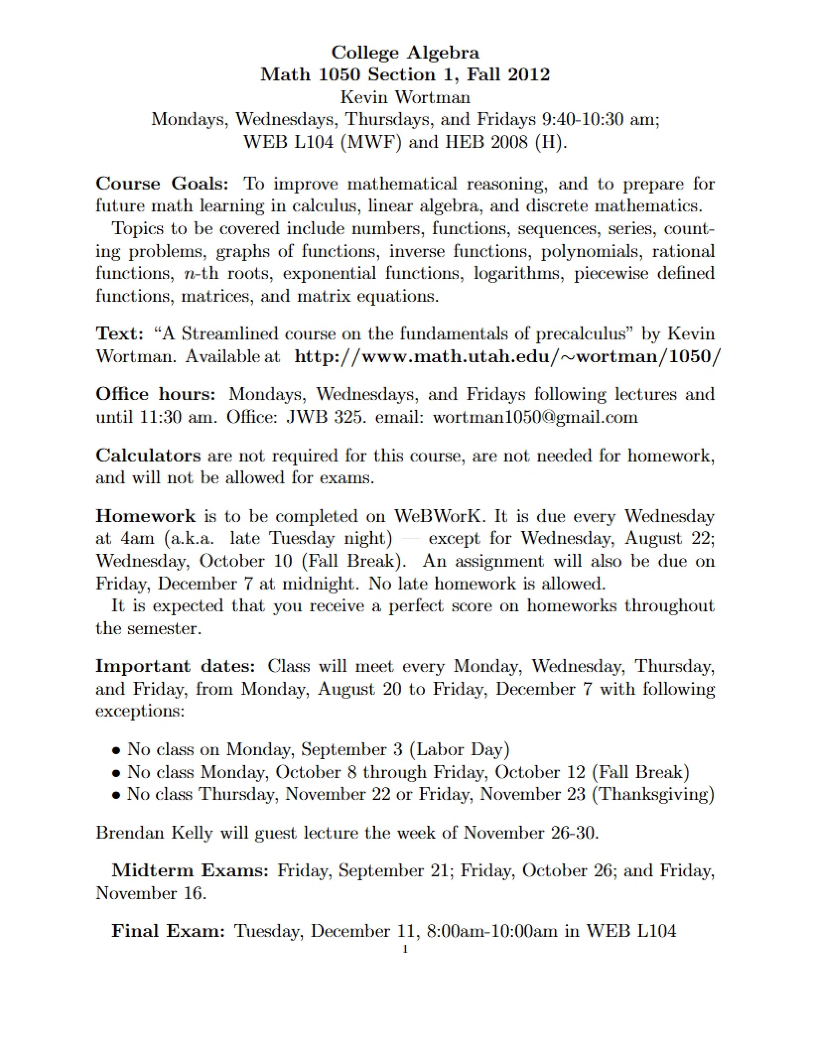 Syllabus for College Algebra