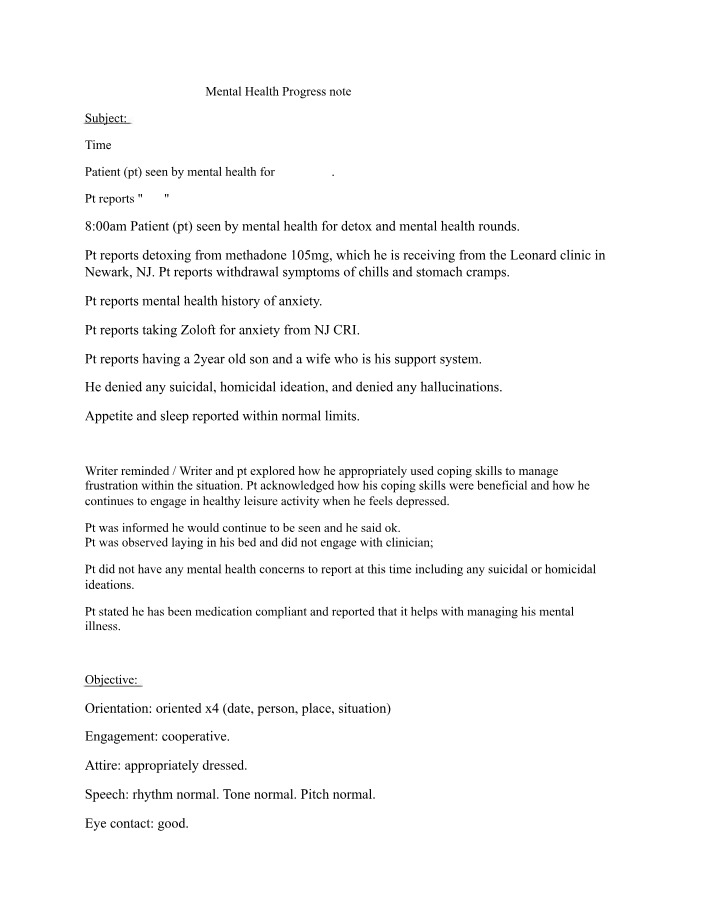 Progress Note for Mental Health