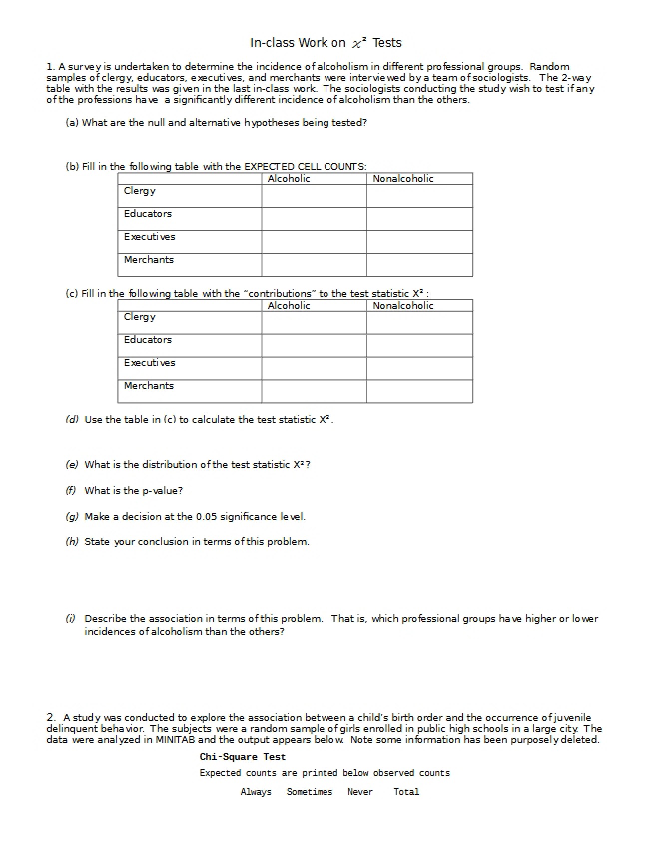 Class Work on Chi Squared Tests