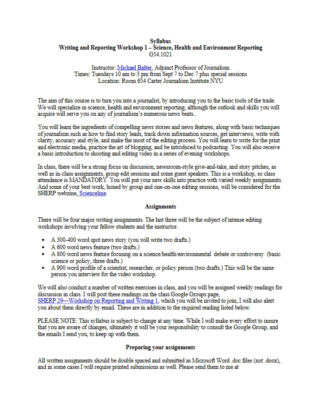 Syllabus for Writing and Reporting Workshop 1