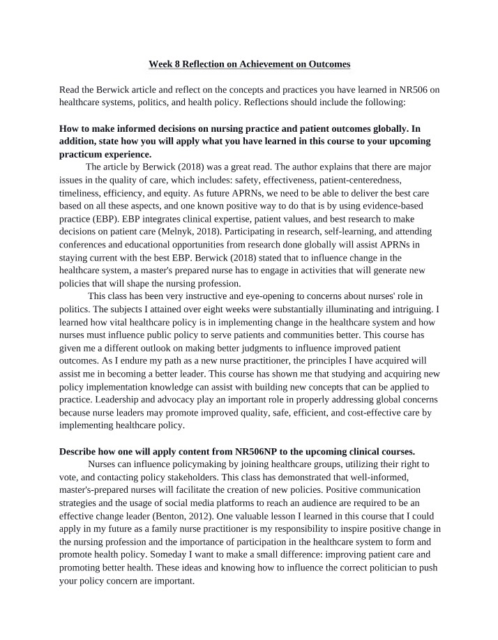 Week 8 Reflection on Outcomes