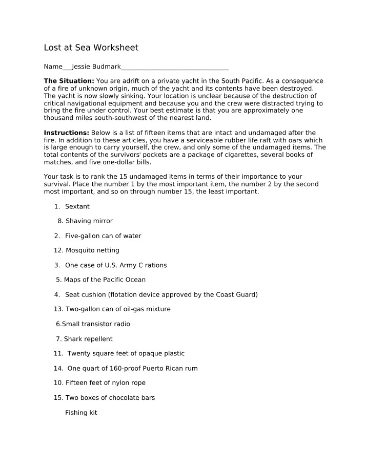 Worksheet - Lost at Sea