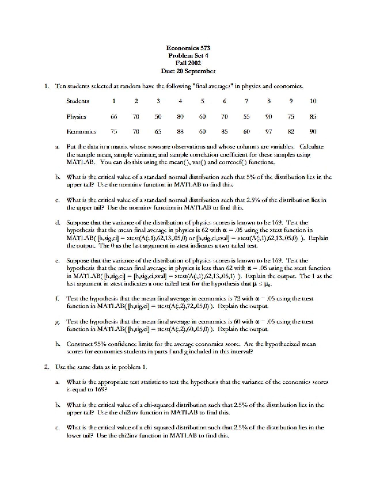 Fourth Problem Set for Econometrics I