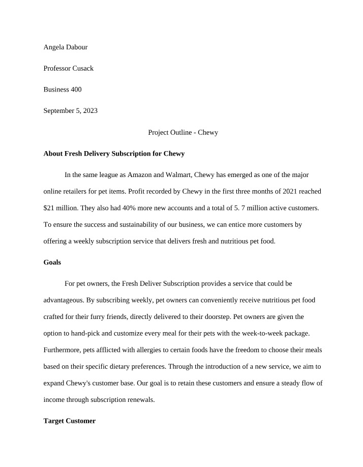 Project Outline for Chewy Fresh Delivery Subscription