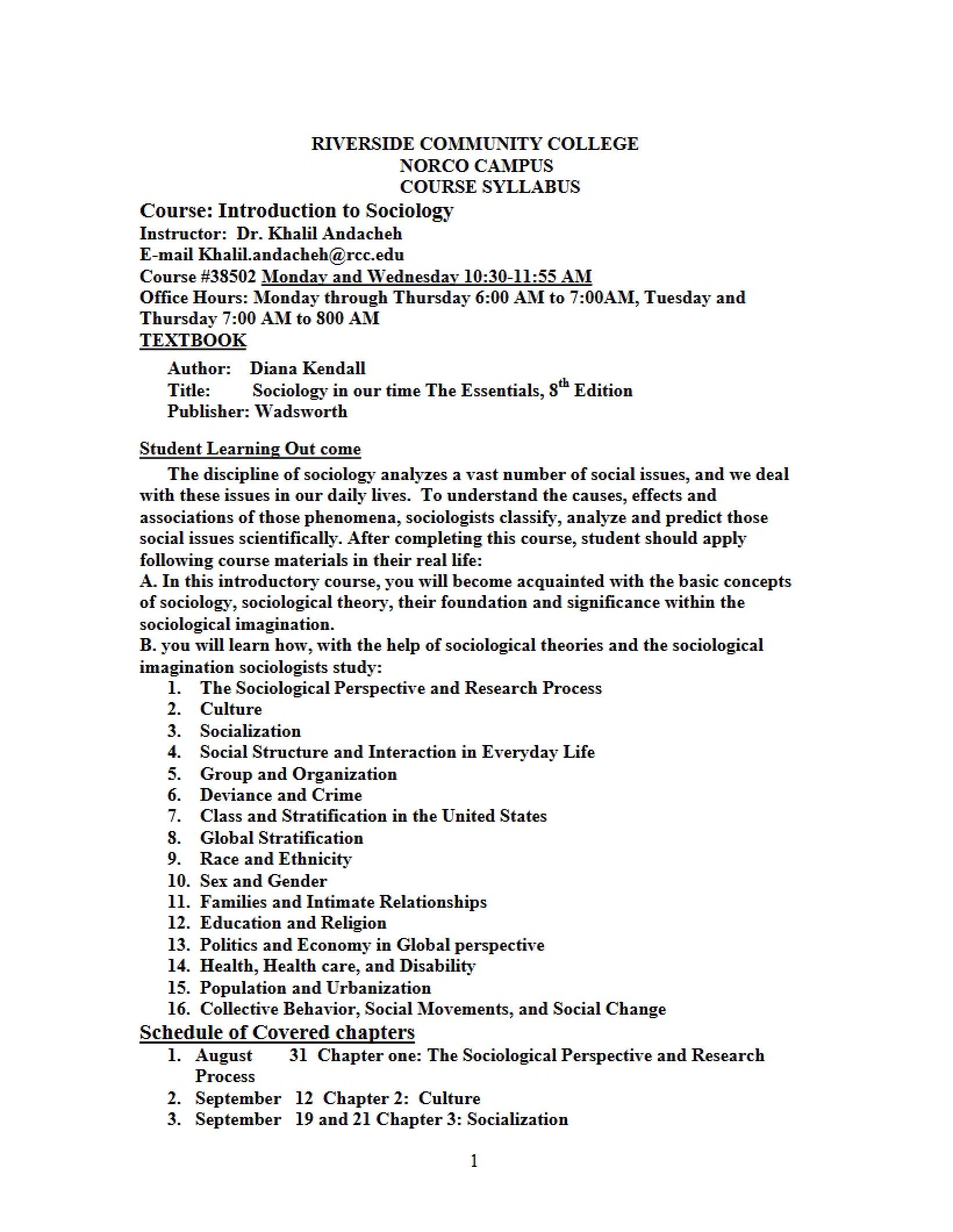 Sociology Syllabus - 4 Pages