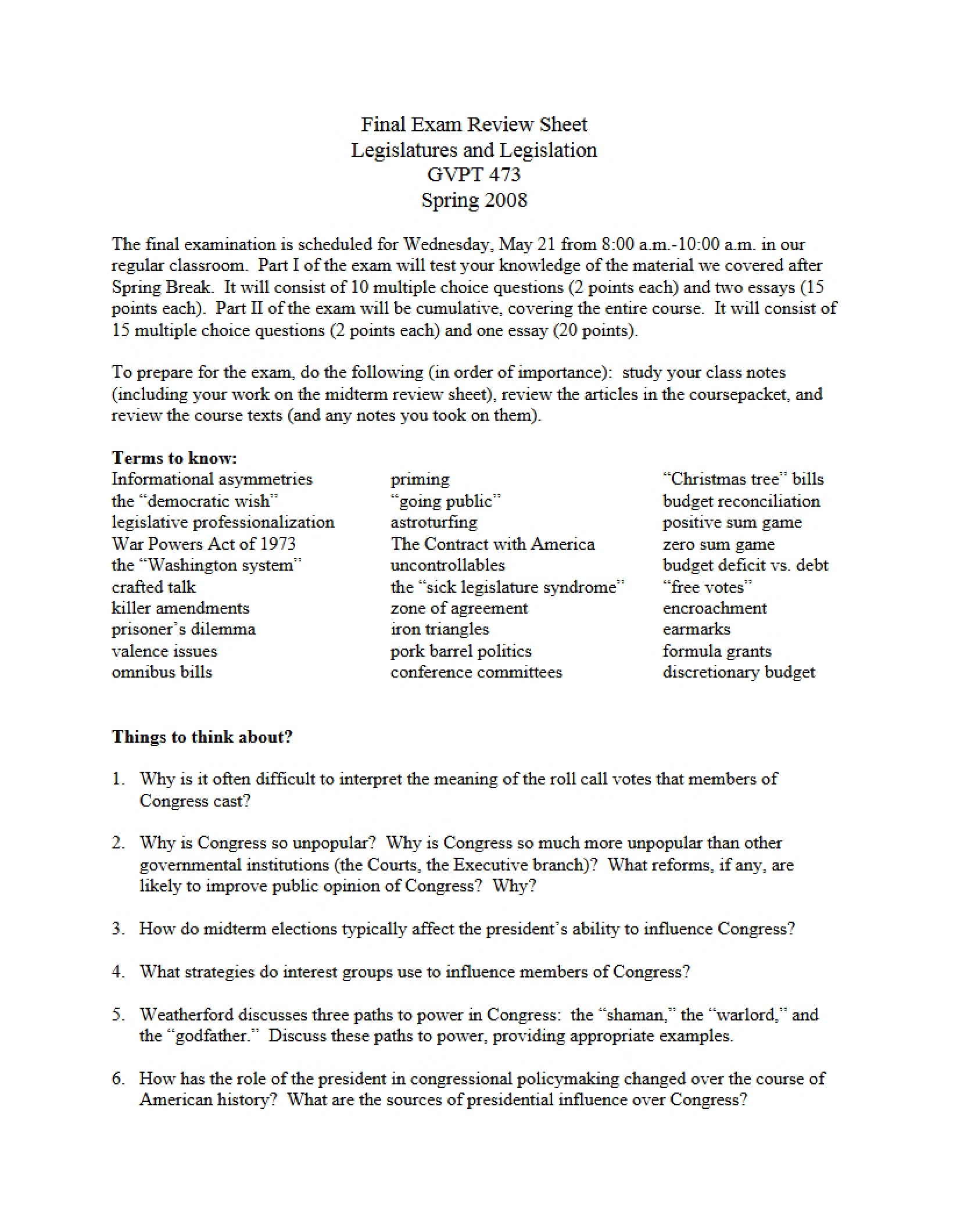 Review Sheet for Final Exam