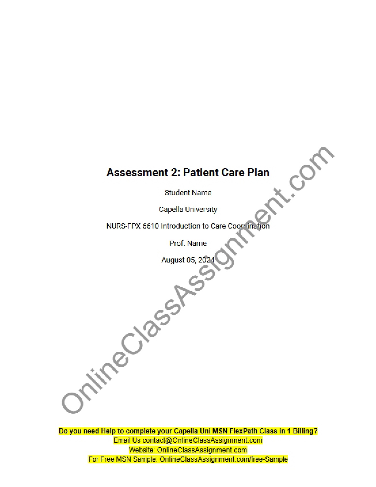Plan for Patient Care - Assessment 2