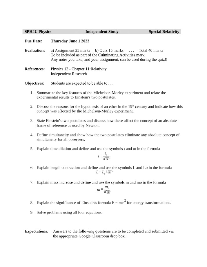 Special Relativity - Key Concepts and Equations