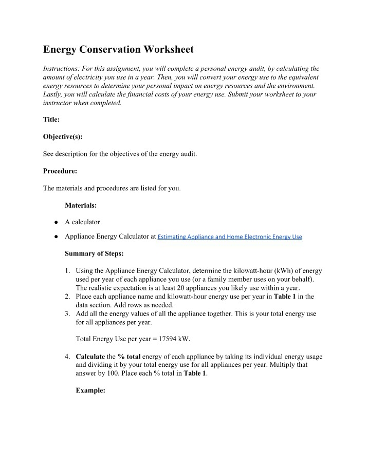 Energy Conservation Worksheet Part 1
