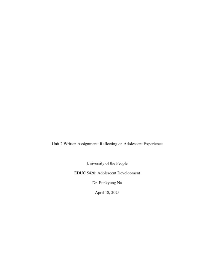 Reflecting on Adolescent Experience - Unit 2