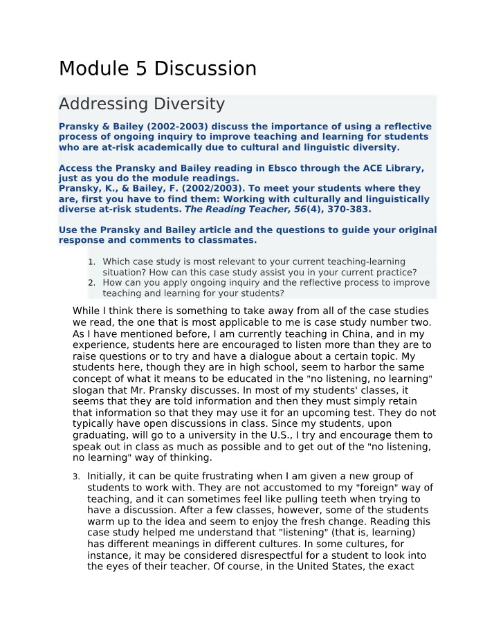 Module 5 Discussion - Addressing Diversity in Teaching and Learning