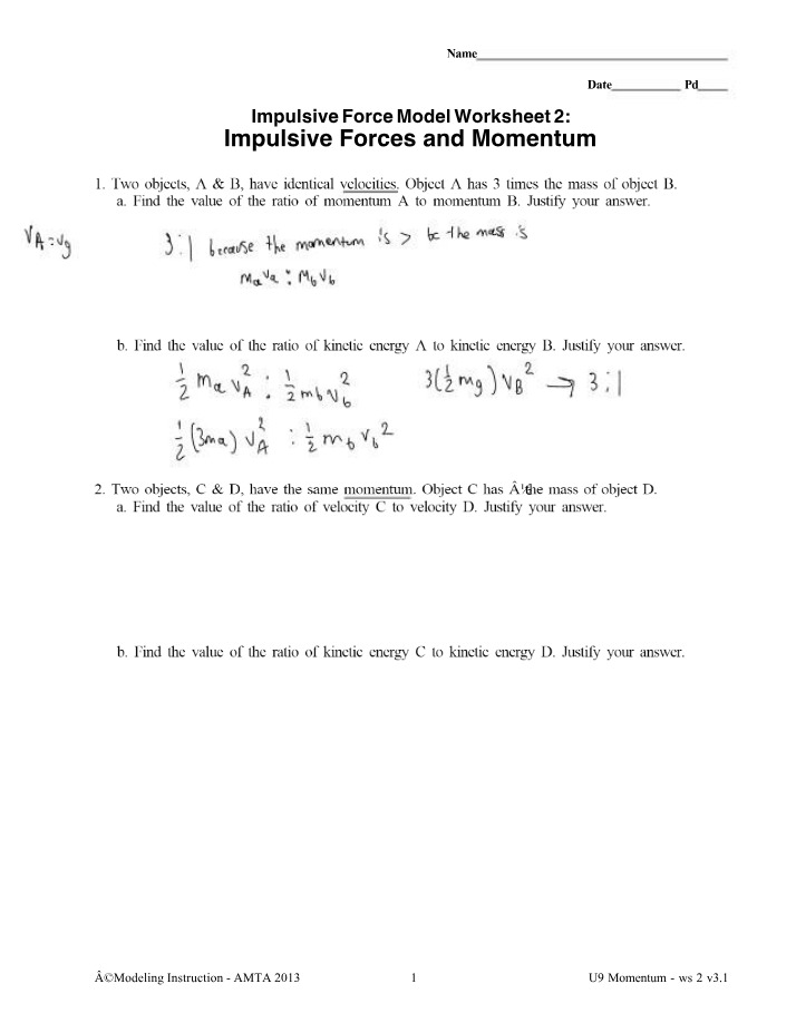 Worksheet 2 - Impulsive Forces and Momentum