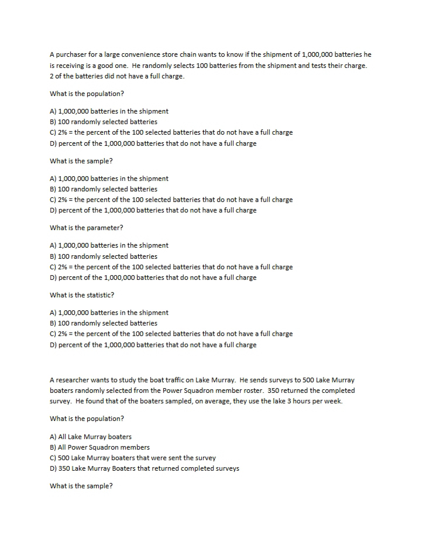 Statistics Extra Questions (PopSampleParam)