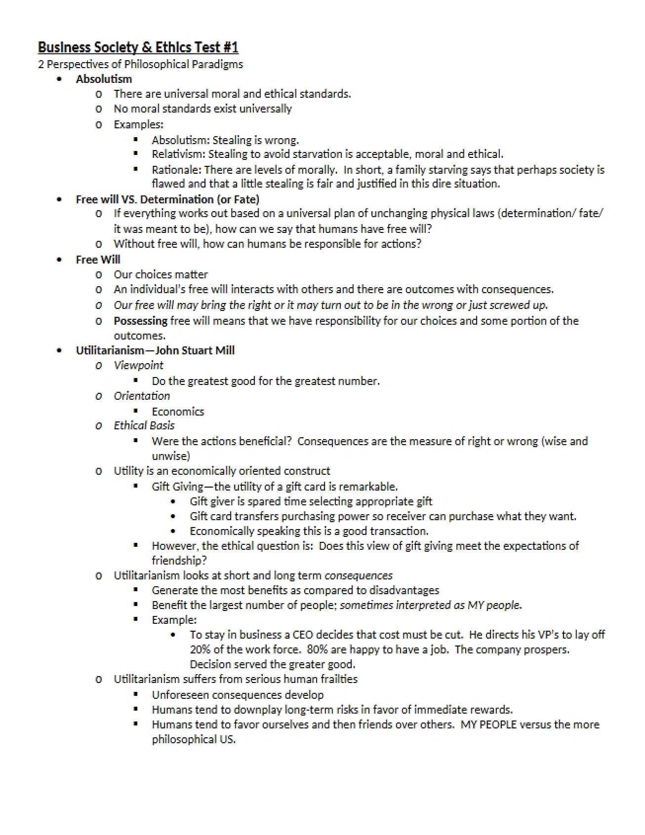 First Test for Business, Society, and Ethics