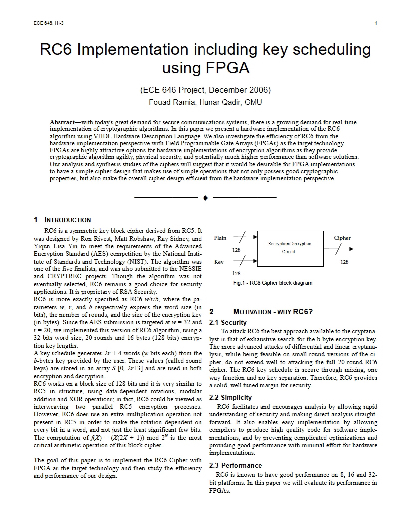 FPGA RC6 Implementation with Key Scheduling