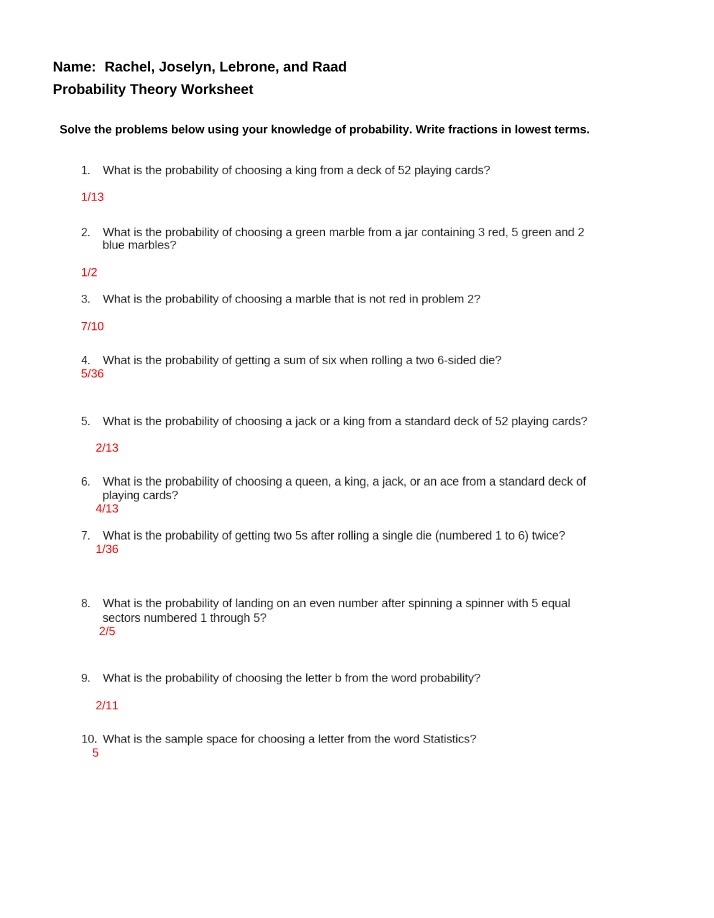 Worksheet on Probability Theory
